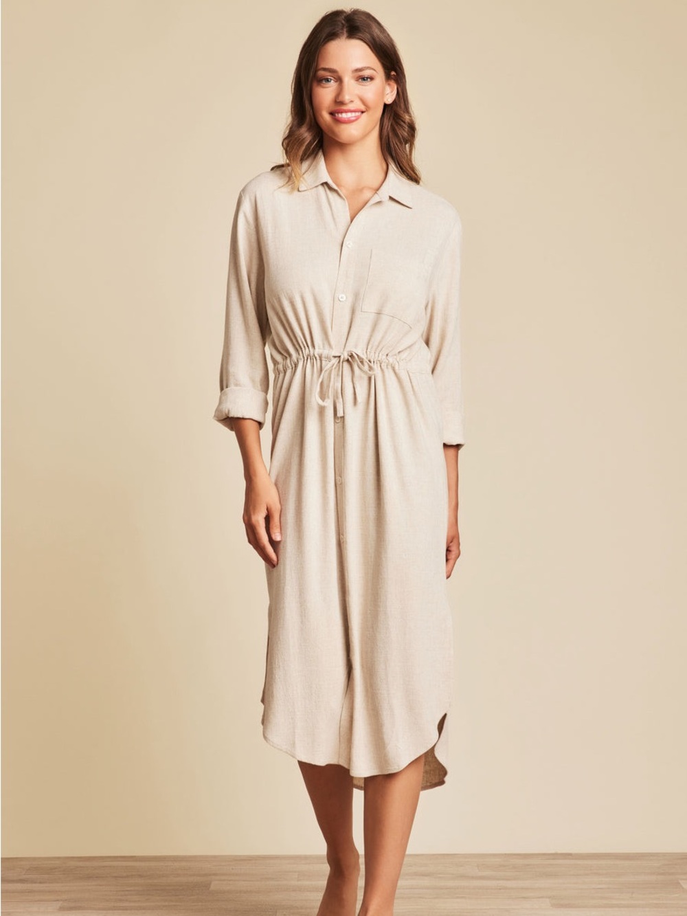 Barefoot Dreams Heathered Bisque Linen Blend Cinched Shirtdress Size Medium